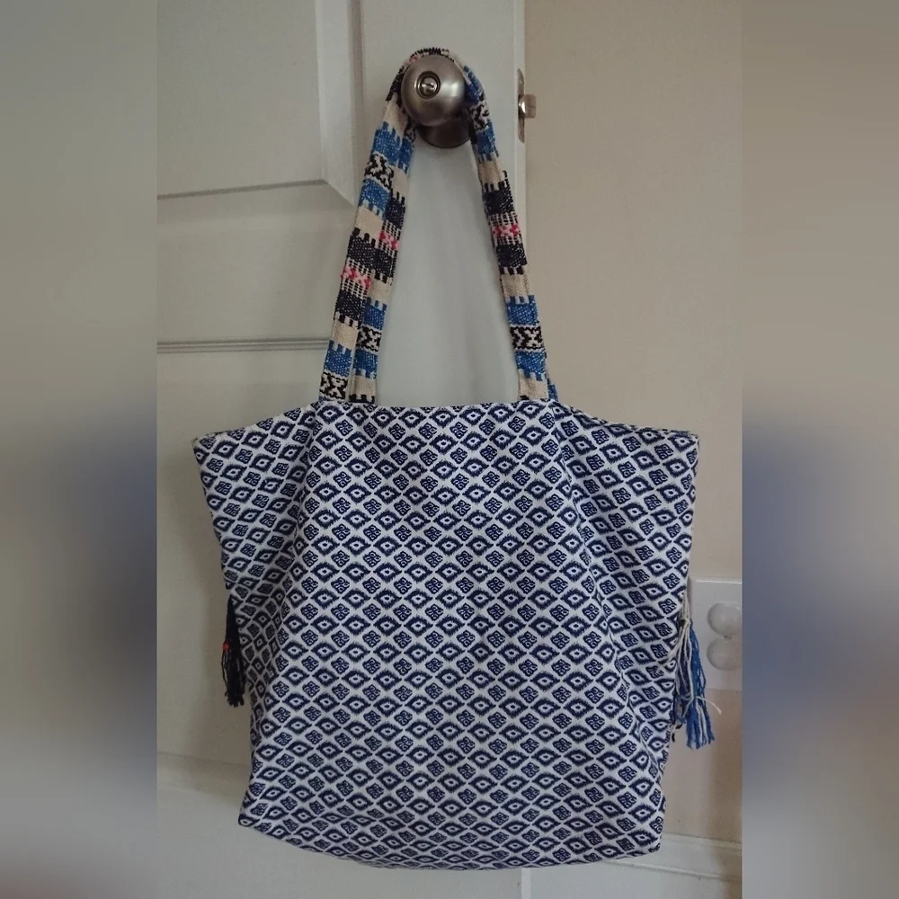 America & Beyond Boho Embroidered Tassel Blue and White Tote Bag